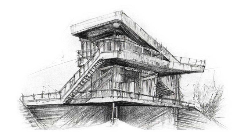 Pencil sketch of a modern building.