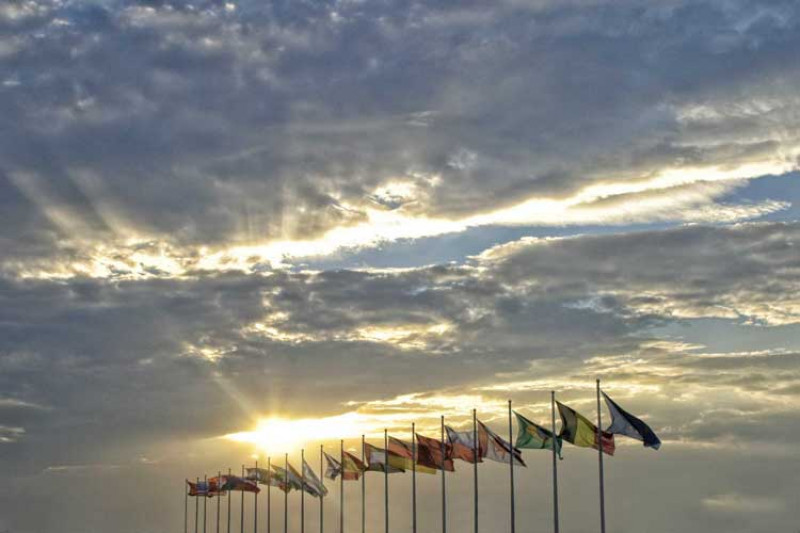 International flags at sunset