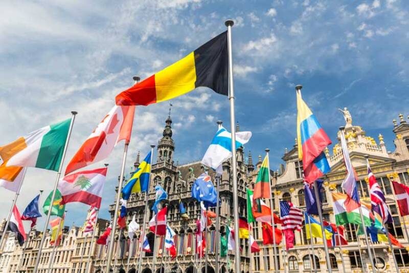 International flags flying over Grand Place