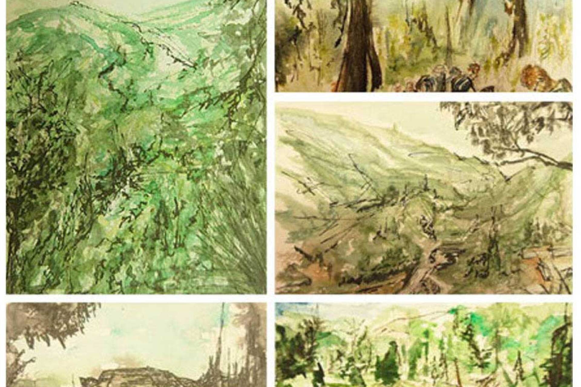 Watercolour paintings of natural landscapes.