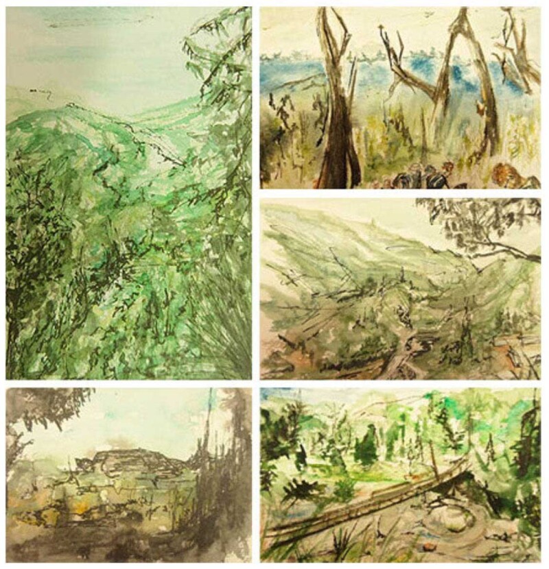 Watercolour paintings of natural landscapes.