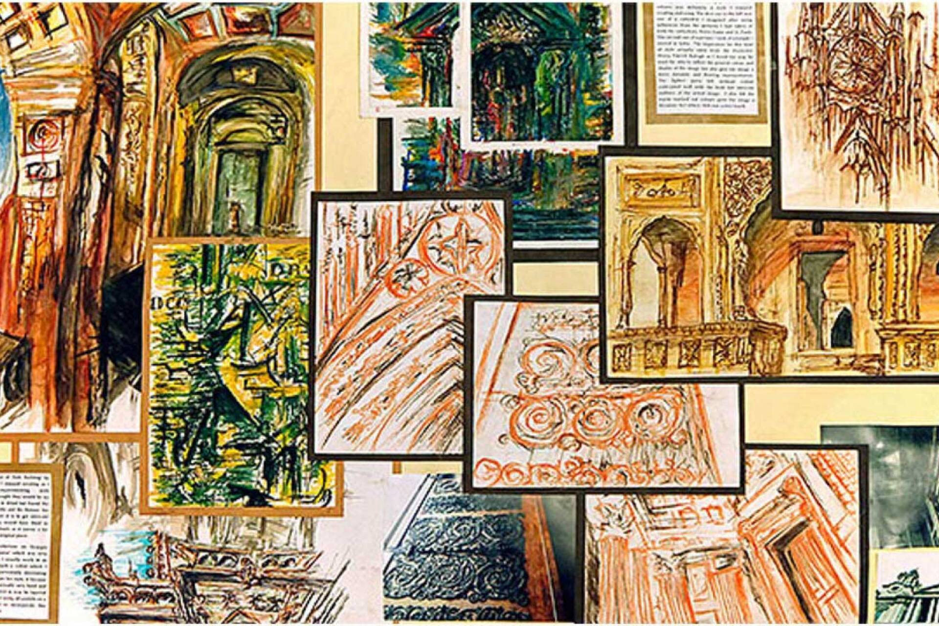 Collage showing sketched of building details using pastels.