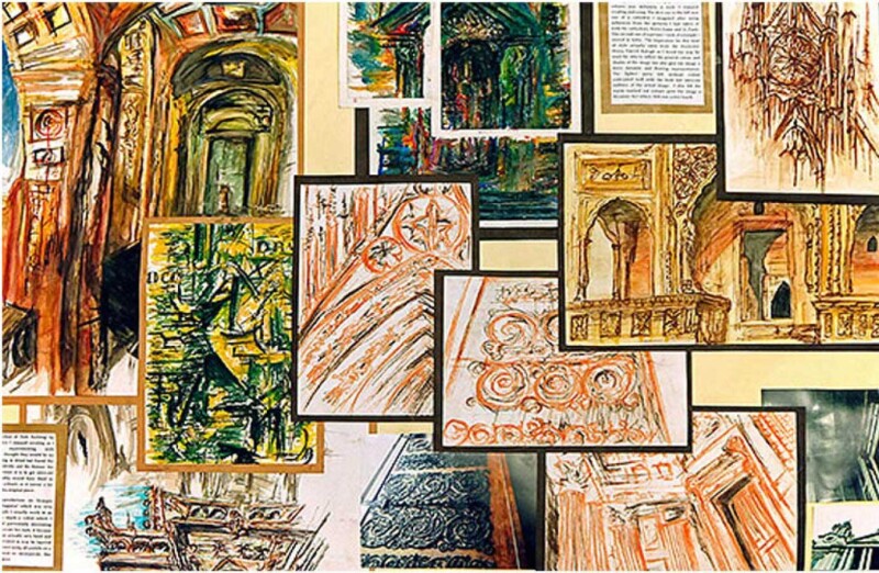 Collage showing sketched of building details using pastels.