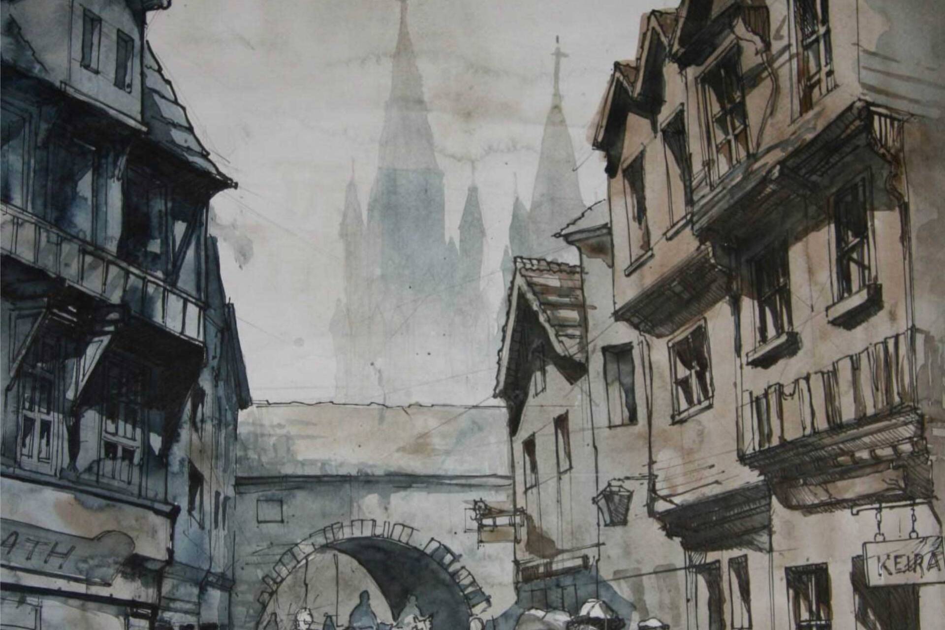 Painting of a medieval street.