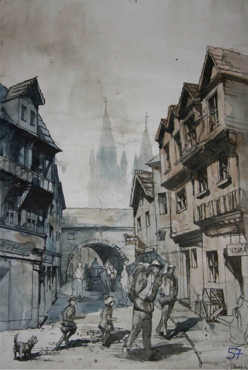 Painting of a medieval street.