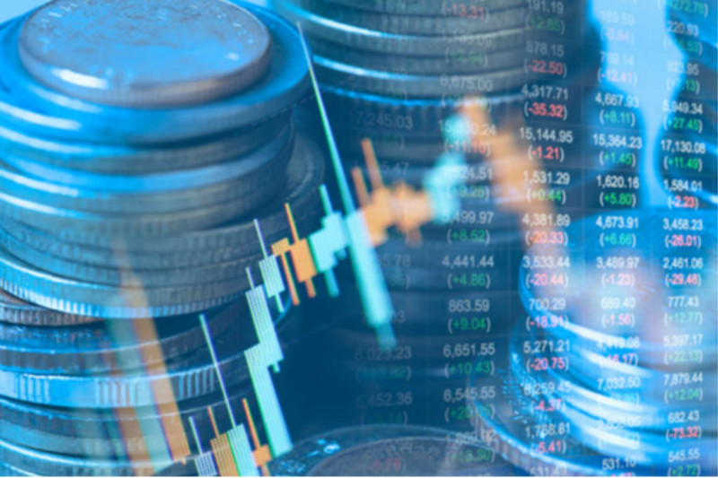 Stacks of coins overlaid with data and a graph