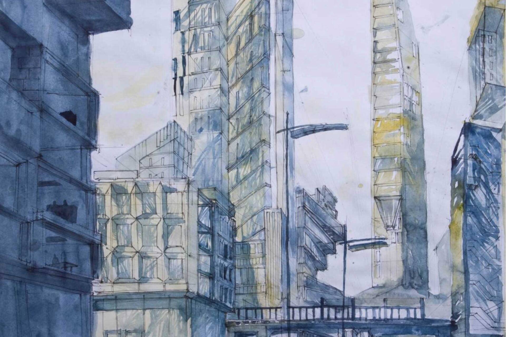 Mixed media interpretation of a modern city skyline with high-rise building.