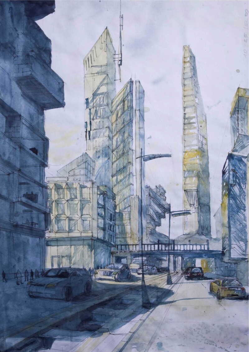 Mixed media interpretation of a modern city skyline with high-rise building.