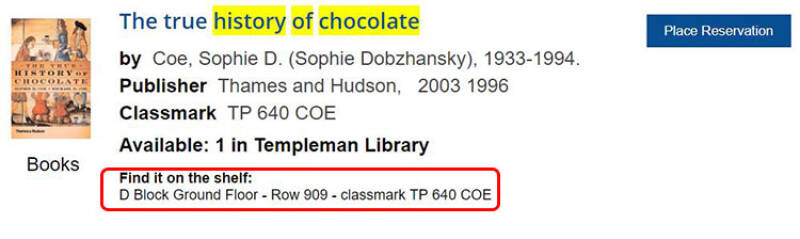 A library item with 'Find it on the shelf' information: D Block Ground Floor, row 909, classmark TP 640 COE