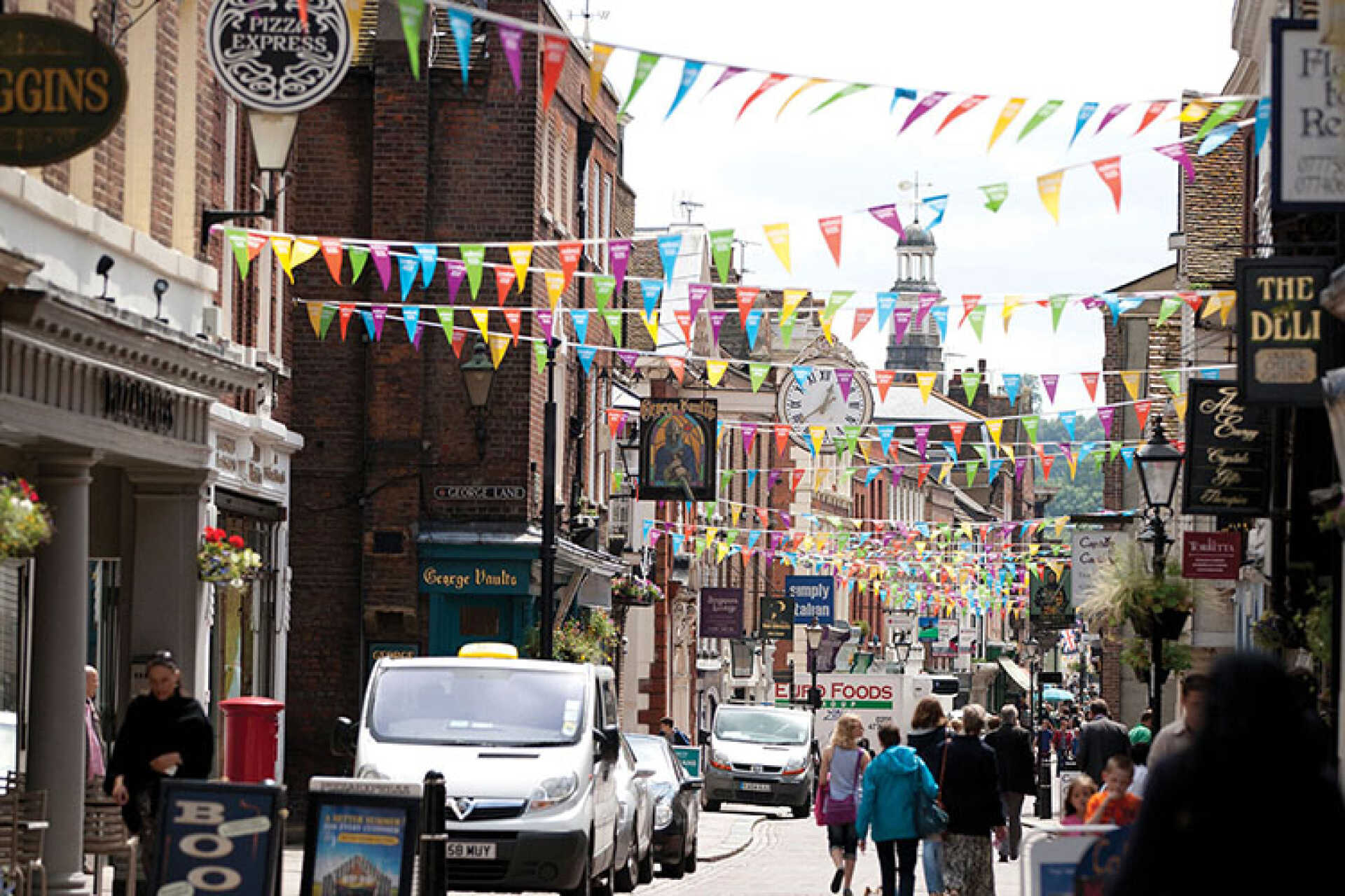 Rochester High Street with colourful bunting