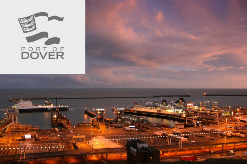 Port of Dover at night with logo