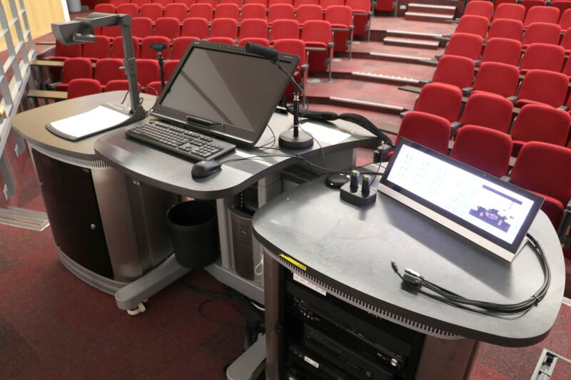 Woolf Lecture Theatre presentation tech including microphone and PC screen