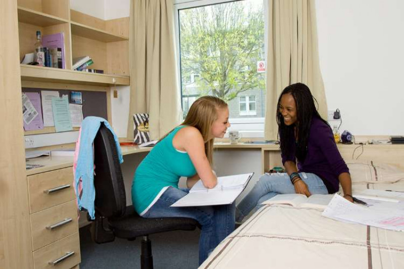 Two female students working together in a postgrad study bedroom