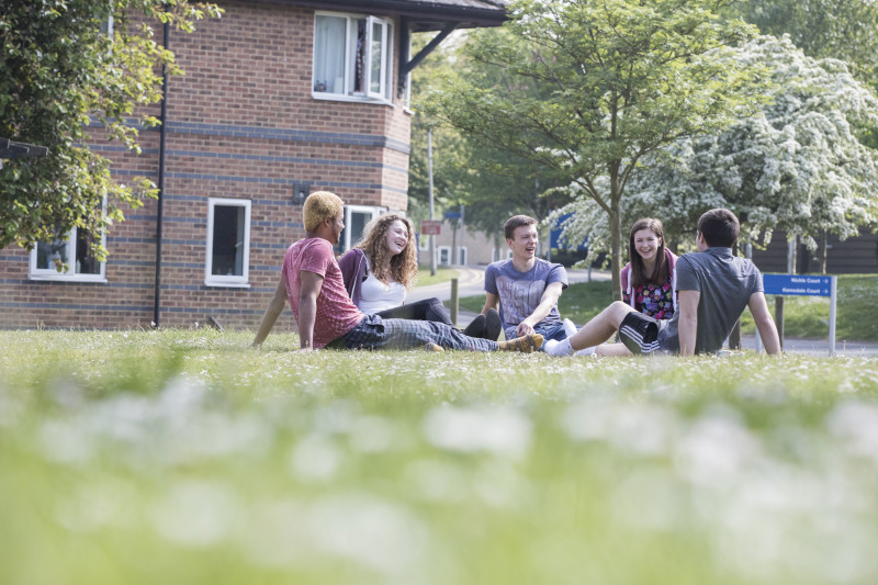 Students relaxing and chatting outside Park Wood houses