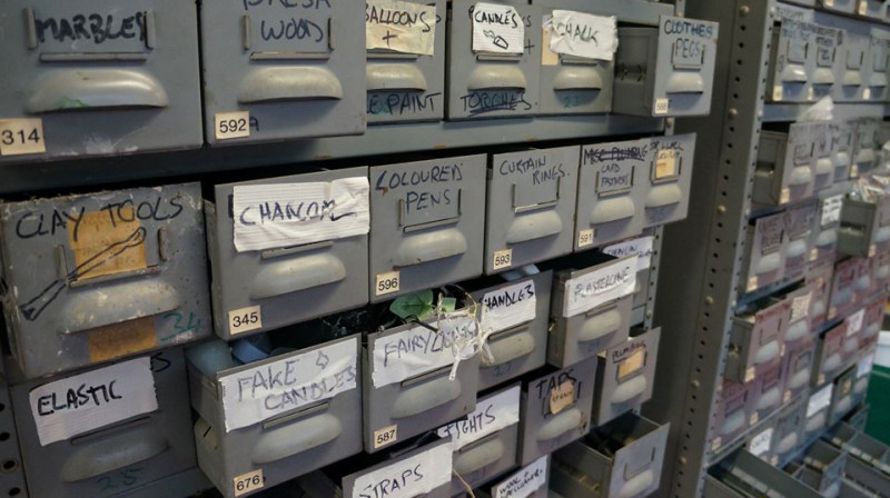Drawers labelled with items, including 'fake candles', 'clay tools', 'marbles', 'fairy lights', etc.